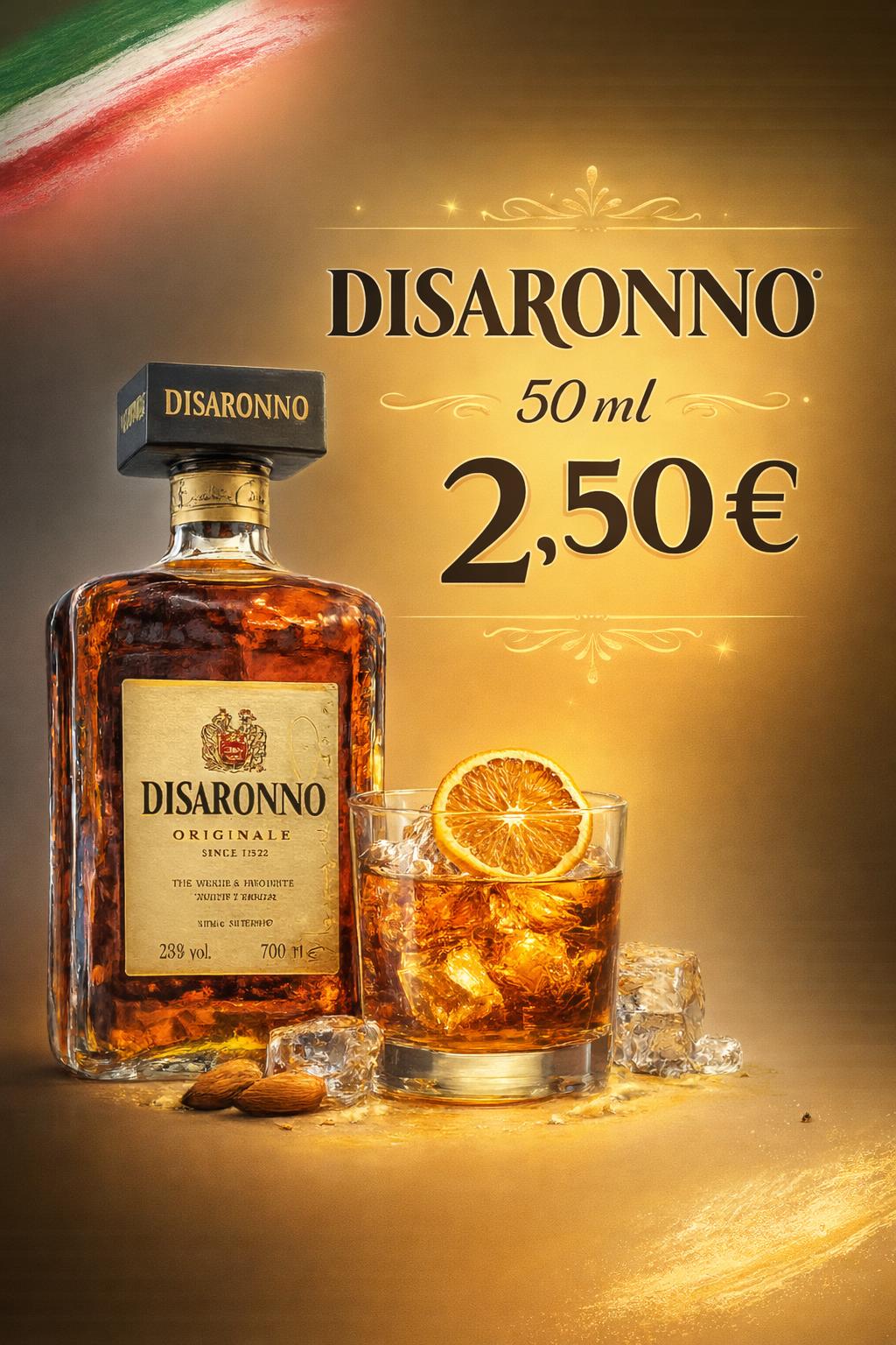 Промоционален визуал за Disaronno 50 мл с цена 2,50€
